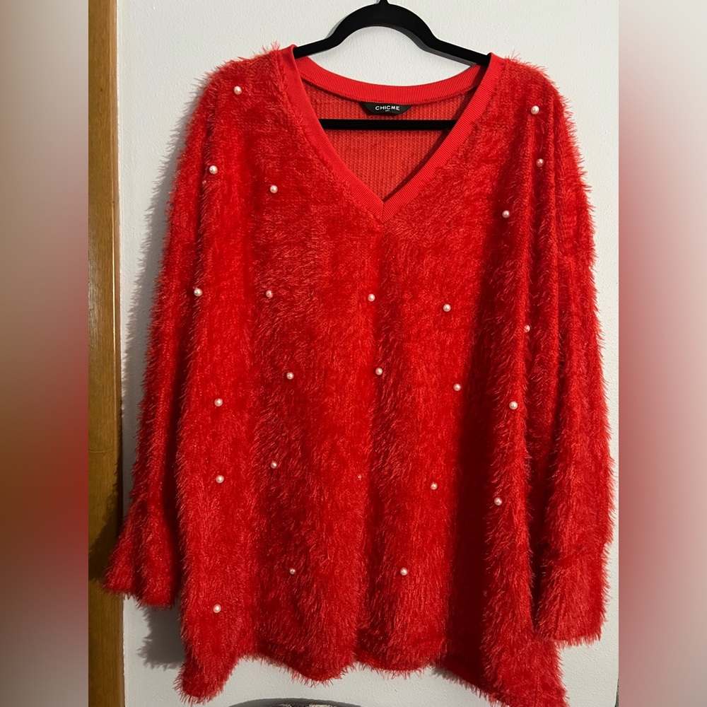 Chic Me Red Fuzzy V-Neck Sweater